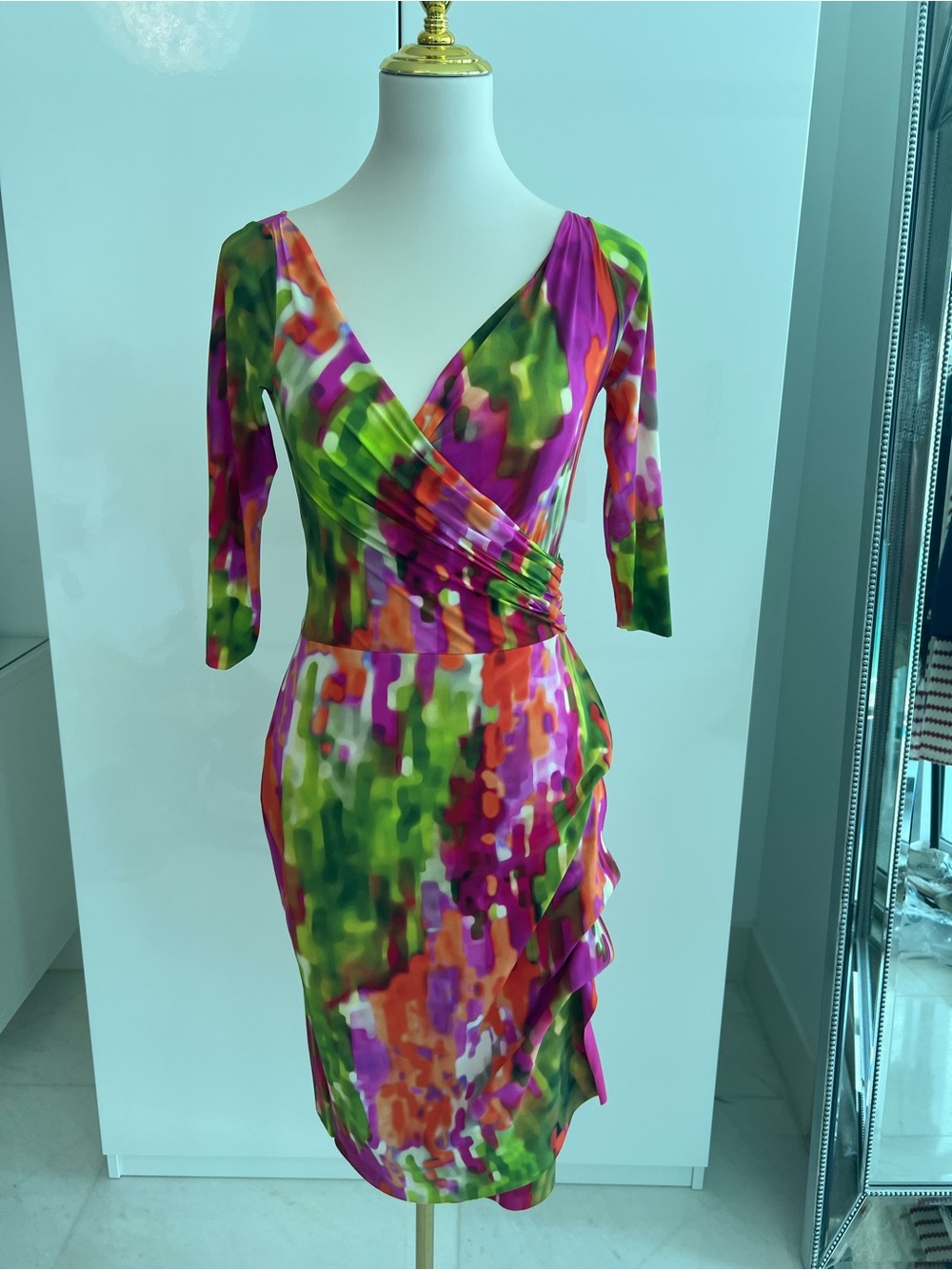 Chiara Boni Multicolor Wrap-Front Midi Dress in Green, Pink & Orange